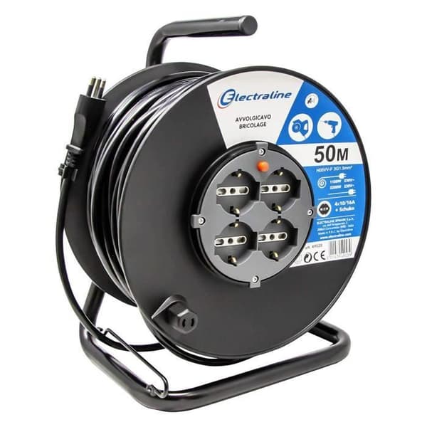 Electraline förlängningskabel med kabelupprullare 50 m 4 Pozi-uttag (Schuko + 10/16 A) Stor 16 A-kontakt, med