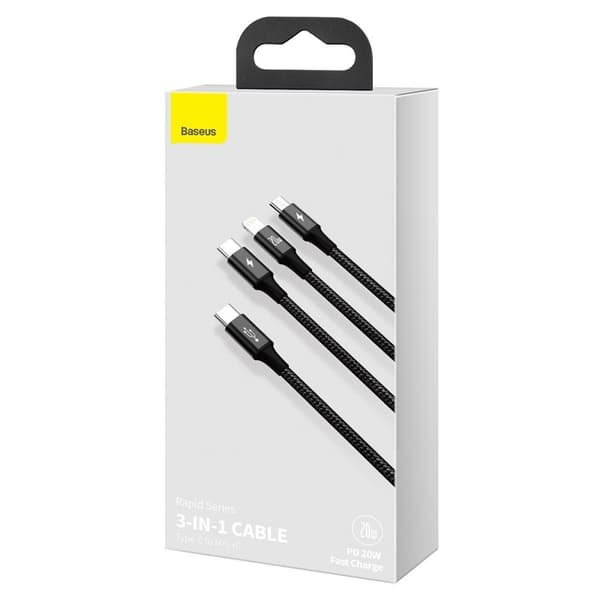 Baseus Rapid Series 3-i-1 kabel USB-C Til M+L+T 20W 1,5m Sort