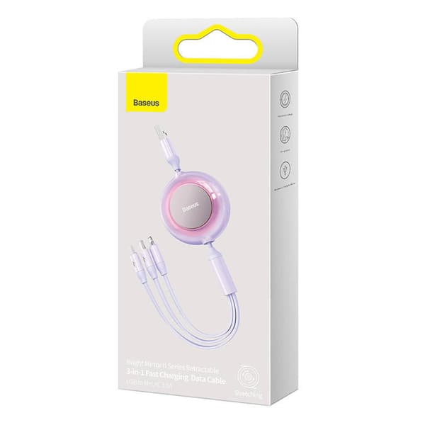 Baseus Bright Mirror 2, 3-i-1 USB 3-i-1-kabel for mikro-USB / USB-C / Lightning 3.5A 1.1m (lilla)