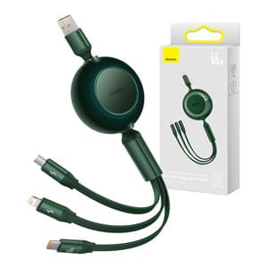 Baseus Bright Mirror 3, USB 3-i-1-kabel for mikro-USB / USB-C / Lightning 66W / 2A 1,1 m (grønn)