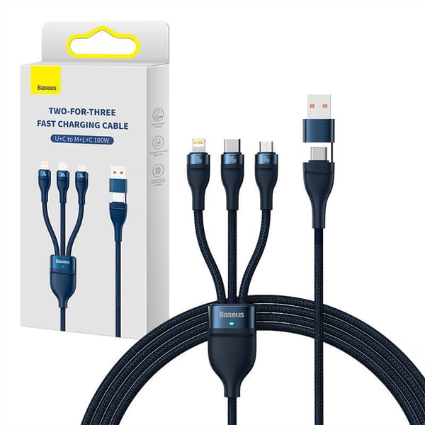 3-i-1 USB-kabel Baseus Flash Series 2, USB-C + micro USB + Lightning, 100W, 1,2m (blå)