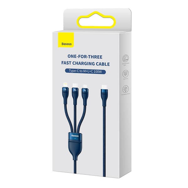 3-i-1 USB-kabel Baseus Flash Series 2, USB-C + micro USB + Lightning, 100W, 1,5 m (blå)