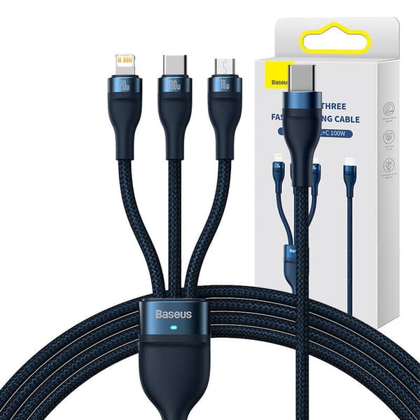 3-i-1 USB-kabel Baseus Flash Series 2, USB-C + micro USB + Lightning, 100W, 1,5 m (blå)