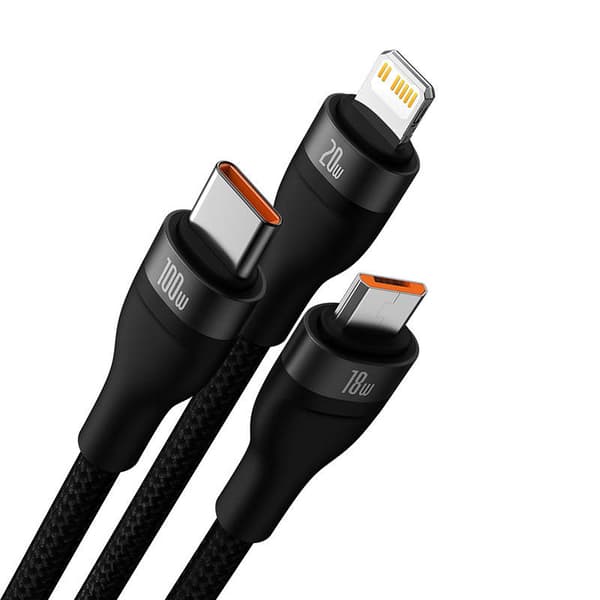3-i-1 USB-kabel Baseus Flash Series 2, USB-C + micro USB + Lightning, 100W, 1,5 m (sort)