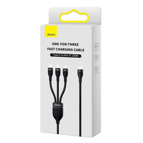 3-i-1 USB-kabel Baseus Flash Series 2, USB-C + micro USB + Lightning, 100W, 1,5 m (sort)