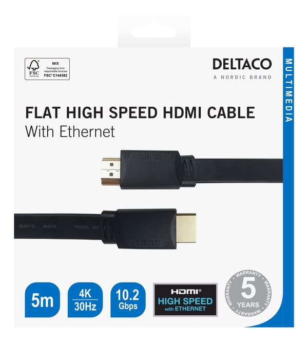 Flat High Speed with Ethernet HDMI cable, 5m, black
