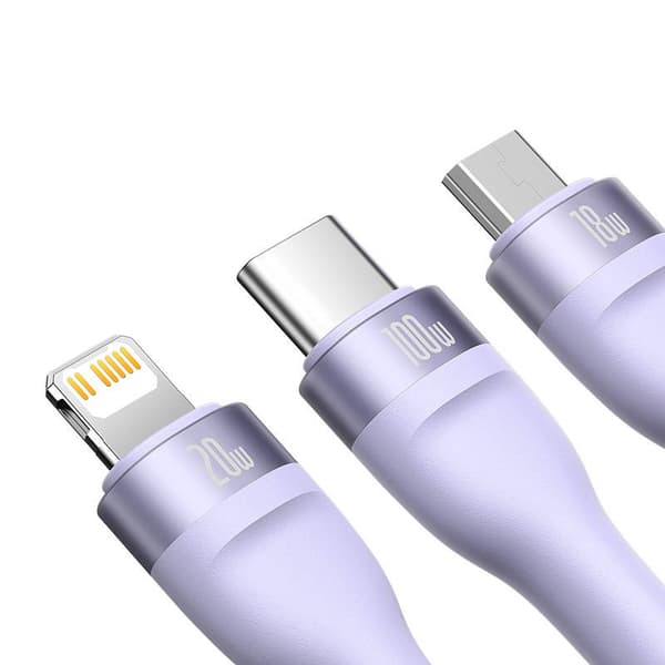 3-i-1 USB-kabel Baseus Flash Series 2, USB-C + micro USB + Lightning, 100W, 1,2m (lilla)