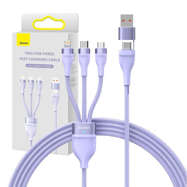 3-i-1 USB-kabel Baseus Flash Series 2, USB-C + micro USB + Lightning, 100W, 1,2m (lilla)