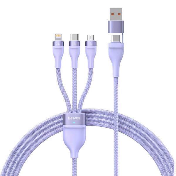 3-i-1 USB-kabel Baseus Flash Series 2, USB-C + micro USB + Lightning, 100W, 1,2m (lilla)