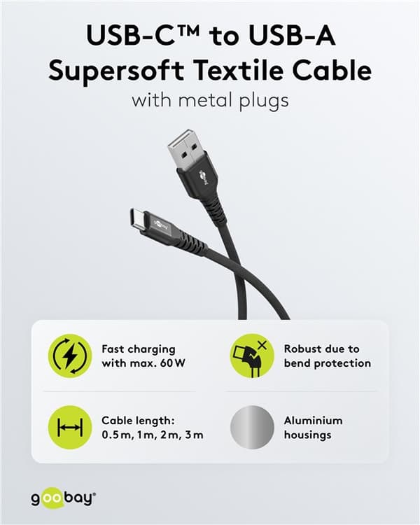 USB-C™ till USB-A supersoft textilkabel med metallkontakter, 3 m, svart
