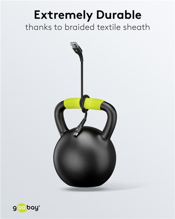 USB-C™ till USB-A supersoft textilkabel med metallkontakter, 3 m, svart