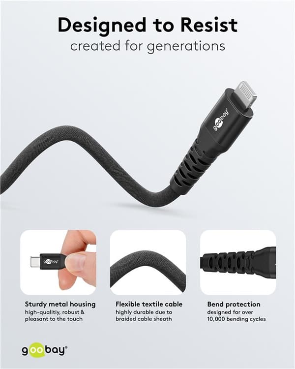 Lightning USB-C™ superblødt tekstilkabel med metalstik, 3 m, sort
