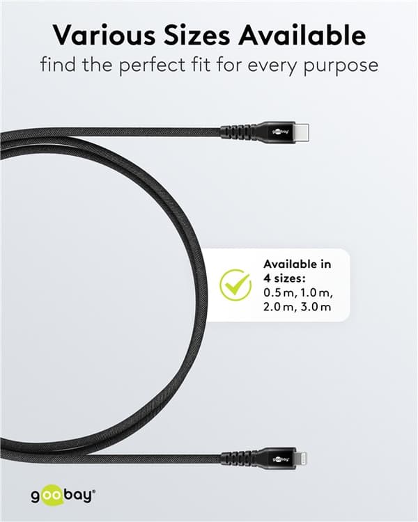 Lightning USB-C™ superblødt tekstilkabel med metalstik, 3 m, sort