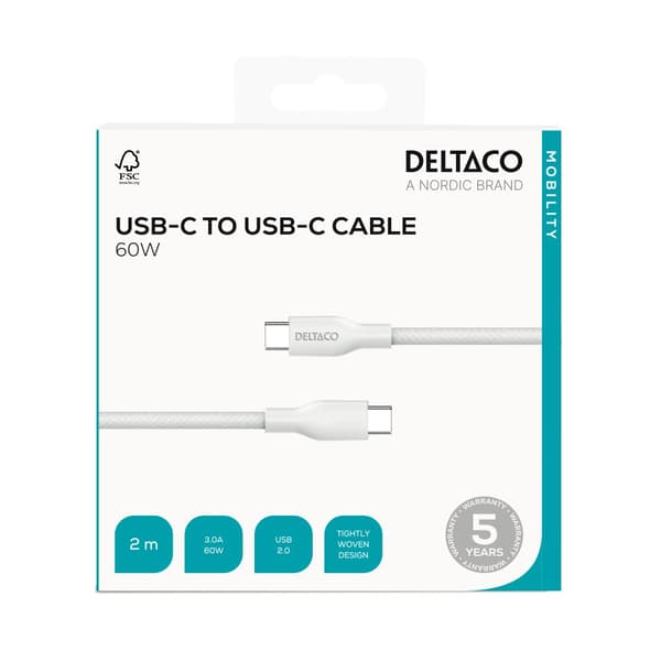 USB-C - C, 2m, USB 2.0, white braided, SPR 3A/60W