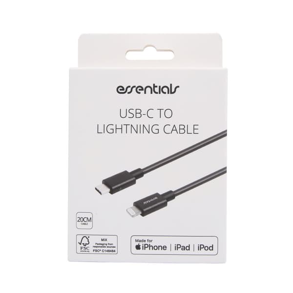 USB-C - Lightning Cable, MFi, 20cm, Black