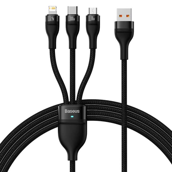 3-i-1 USB-kabel Baseus Flash Series, USB-C + micro USB + Lightning, 100W, 1,2m (svart)