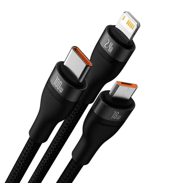3-i-1 USB-kabel Baseus Flash Series, USB-C + micro USB + Lightning, 100W, 1,2m (svart)