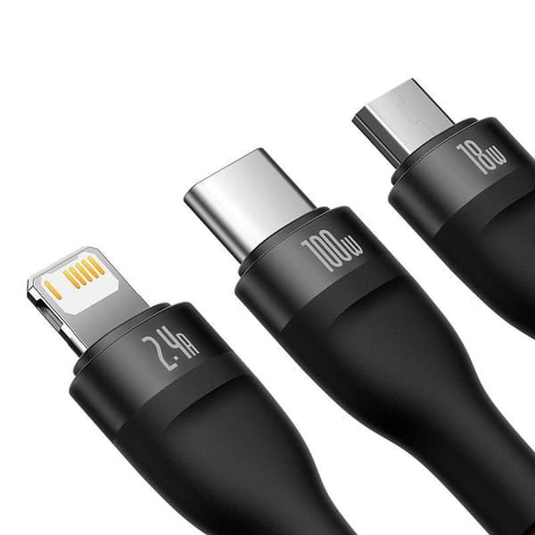 3-i-1 USB-kabel Baseus Flash Series, USB-C + micro USB + Lightning, 100W, 1,2m (svart)