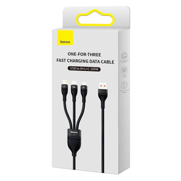 3-i-1 USB-kabel Baseus Flash Series, USB-C + micro USB + Lightning, 100W, 1,2m (svart)