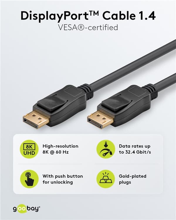 DisplayPort™-kabel 1.4, certificeret, 32,4 Gbit/s