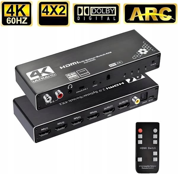 SPLITTER SWITCH HDMI 2.0 4x2 SWITCH 4 INGÅNGAR 2 UTGÅNGAR ARC CINCH OPTICAL