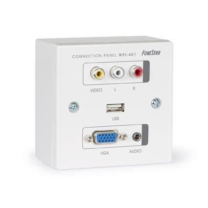 Fonestar anslutningspanel med VGA, AV, RCA, JACK, USB-ingångar, 86 x 86 x 86 x 52 mm.