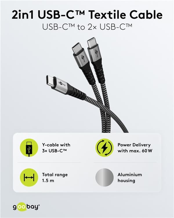 USB-C™ textilkabel, 60 W, Power Delivery, 1,5 m, svart;grå