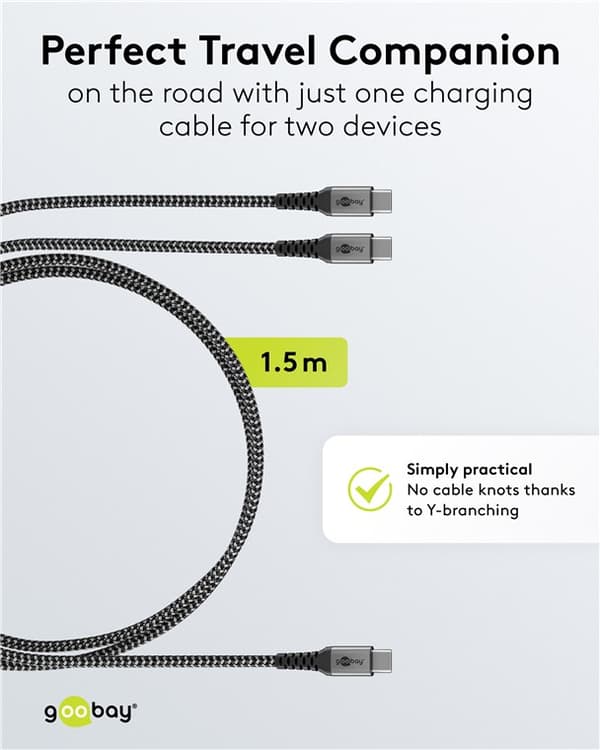 USB-C™ textilkabel, 60 W, Power Delivery, 1,5 m, svart;grå