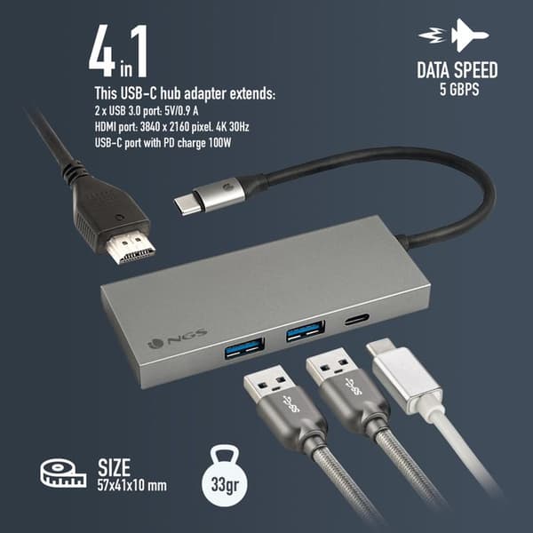NGS Wonder Dock4 Pro USB-C 3.0 till HDMI, 2 USB-A- och USB-C-adapter
