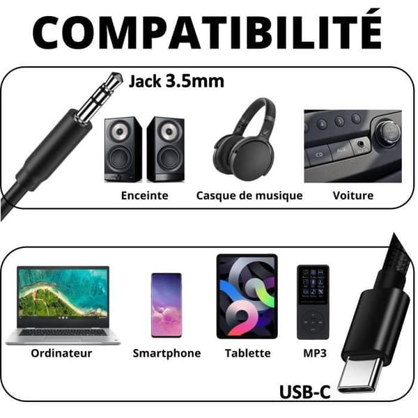 Kabel Audio Bil Hörlursadapter Jack Auxiliär för Xiaomi MI 11/ MI 10 Phonillico®