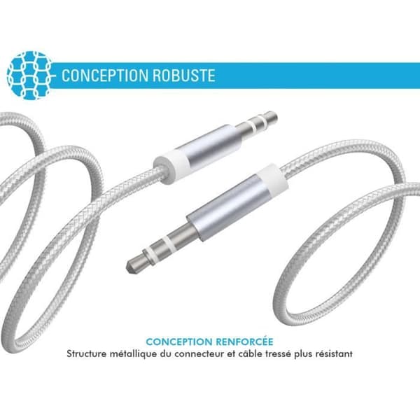 Audio Jack 3.5mm-kabel - FORCE POWER - Förstärkt väv - 3m - Optimal ljudöverföring - Vit