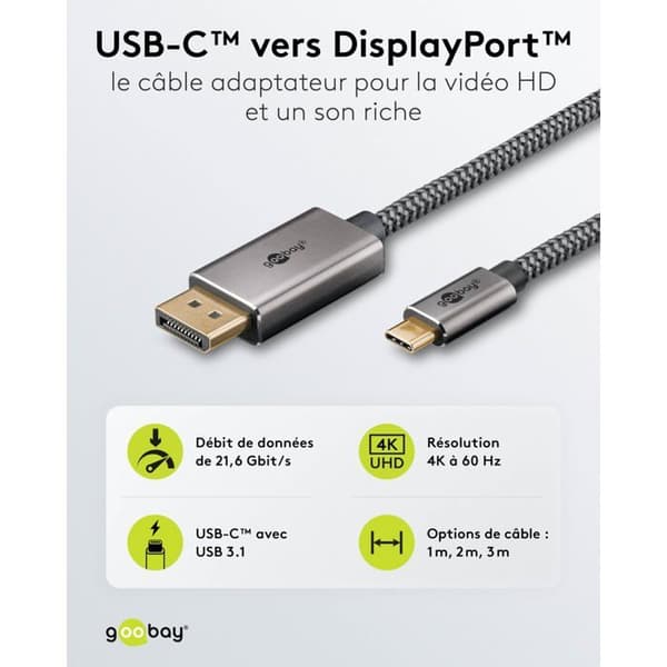 75707 Goobay Textil Cabel USB-C / DisplayPort 1,4 (M/M) - 1 m - USB-C 3.1 till DisplayPort 1.4 adapterkabel - Kompatibel med Thunder
