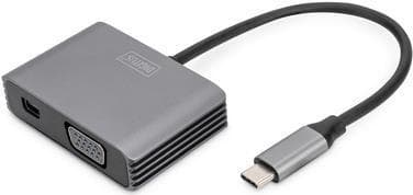DIGITUS - Videoadapter - USB-C (M) til HD-15 (VGA), Mini DisplayPort (W) - DisplayPort 1,4 - 20 cm - Understøttelse af 4K 30 Hz - Space grey