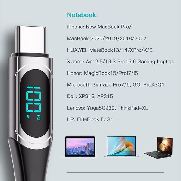 INF 100W Digital Display USB-C-kabel - Flätad Blå 1m