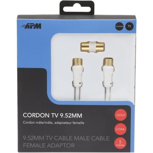 APM TV-kabel - hane / hane - 9,52 mm - vit - 5 m + kvinnlig adapter