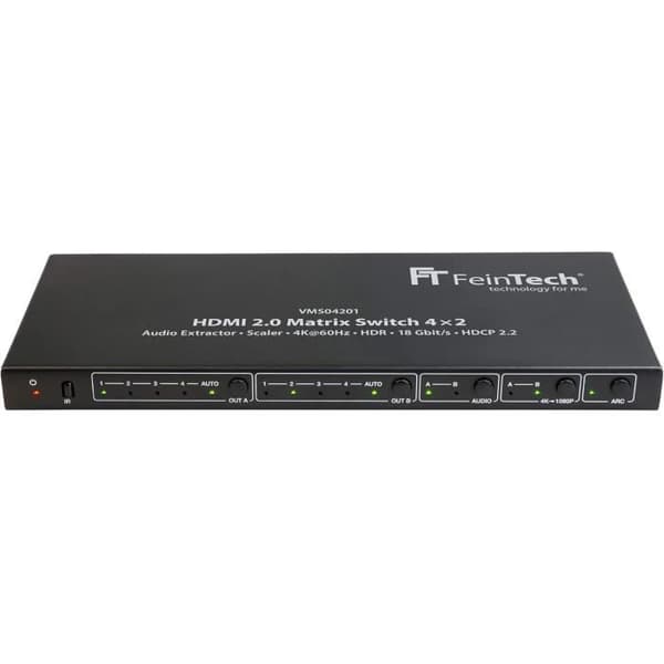 FeinTech VMS04201 Matrix Switch HDMI 4 x 2 med Ultra HD 4K 60 Hz HDR ljuduttag