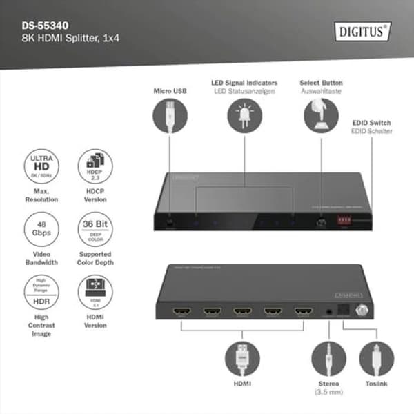 HDMI-separator 1x4 - DIGITUS - DS-55340 - UHD 8K/60 Hz - HDCP 2.3 - HDMI 2.1
