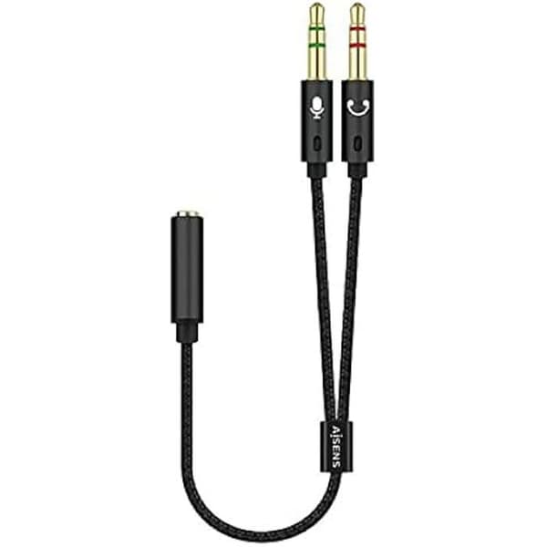 AISENS A128-0418 Ljudadapterkabel Jack 3,5 4pins/H-2xJack 3,5 3pins/M, svart, 25 cm