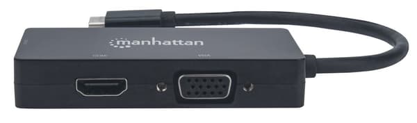Manhattan USB-C dockningsstation/hubb, Portar (x3): DVI-I, HDMI och VGA-portar, Obs: Endast en port kan användas åt gången, Extern strömförsörjning be