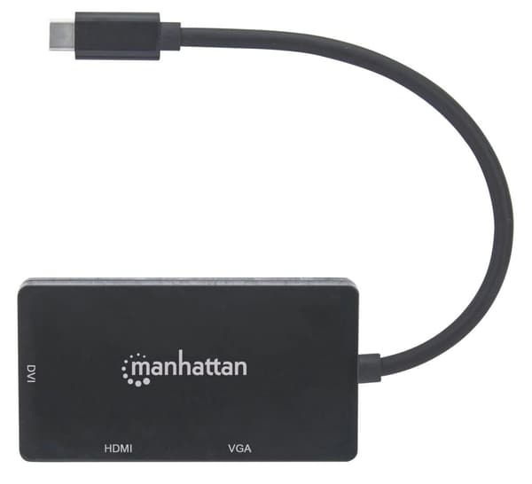 Manhattan USB-C dockningsstation/hubb, Portar (x3): DVI-I, HDMI och VGA-portar, Obs: Endast en port kan användas åt gången, Extern strömförsörjning be