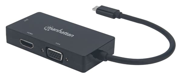 Manhattan USB-C dockningsstation/hubb, Portar (x3): DVI-I, HDMI och VGA-portar, Obs: Endast en port kan användas åt gången, Extern strömförsörjning be