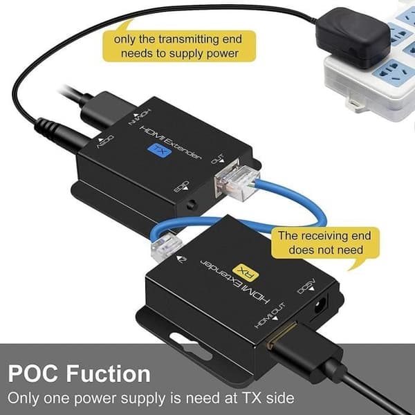 KUYiA HDMI-förlängare 60 m med POC 1080P 60 Hz 3D HDMI-repeater HDMI RJ45 till HDMI via UTP Cat5e/6/7/8 kabel OFC med adapter