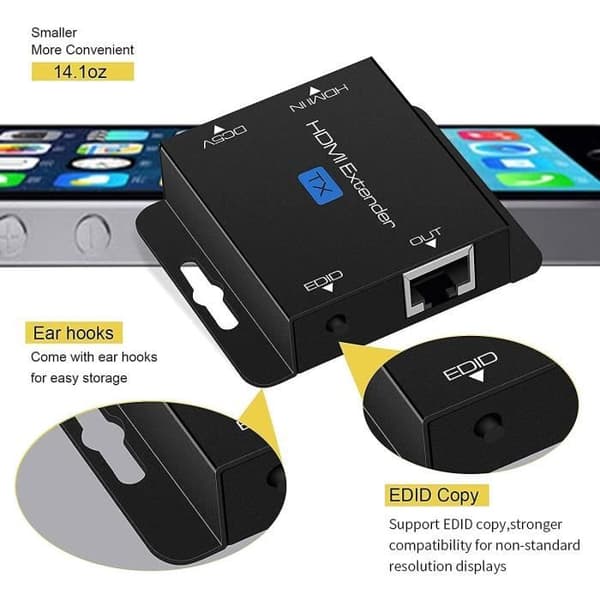 KUYiA HDMI-förlängare 60 m med POC 1080P 60 Hz 3D HDMI-repeater HDMI RJ45 till HDMI via UTP Cat5e/6/7/8 kabel OFC med adapter