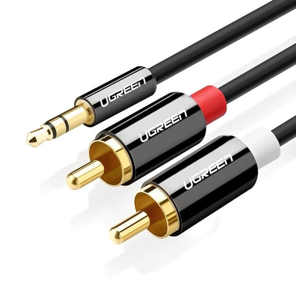 CABLU audio Ugreen, "AV116" stereo 3.5 mm jack (T) la 2 x RCA (T), 2m, conectori auriti, negru "10584" (timbru verde 0.18 lei) - 6957303815845