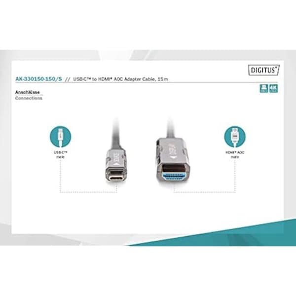 USB-C till HDMI-adapterkabel - DIGITUS - 15m - 4K/60Hz - Plug&amp;Play - Lika optisk
