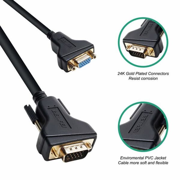 Benfei - 000319black-10f - VGA förlängningskabel, VGA hane till hona kabel, VGA till VGA kabel 3 meter