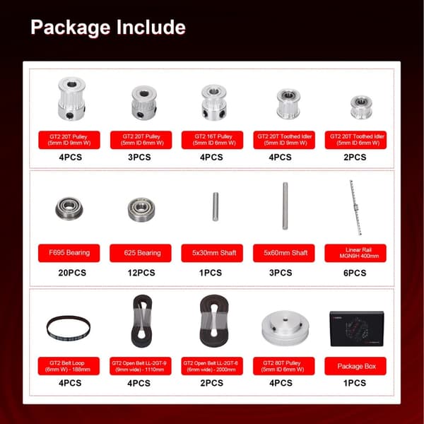 Voron 2.4 Rörelsekitt, Högkvalitativa GT2 Öppna Remmar, Aluminiumlegering Pulley, Omfattande Komponentset