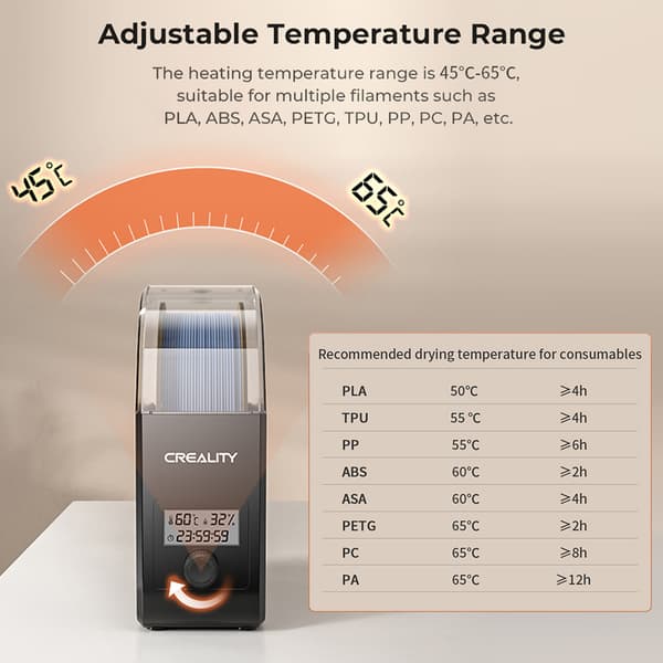 360° Varmluftsopvarmningsfilamenttørrerbox, Justerbart temperaturinterval 45°-65°C, 24 timers timer,EU stikdåse