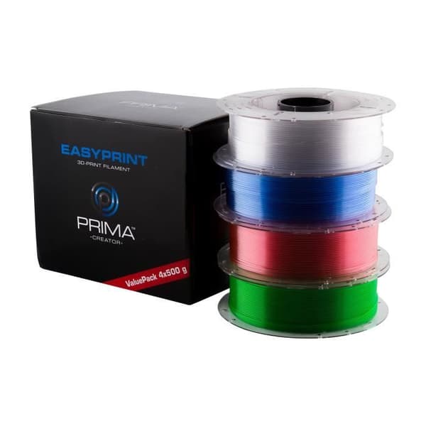 EasyPrint PETG filament - PRIMACREATOR - 1,75 mm - 4x 500 g (Totalt 2 kg) - Klar, Rosa, Ljusblå, Grön