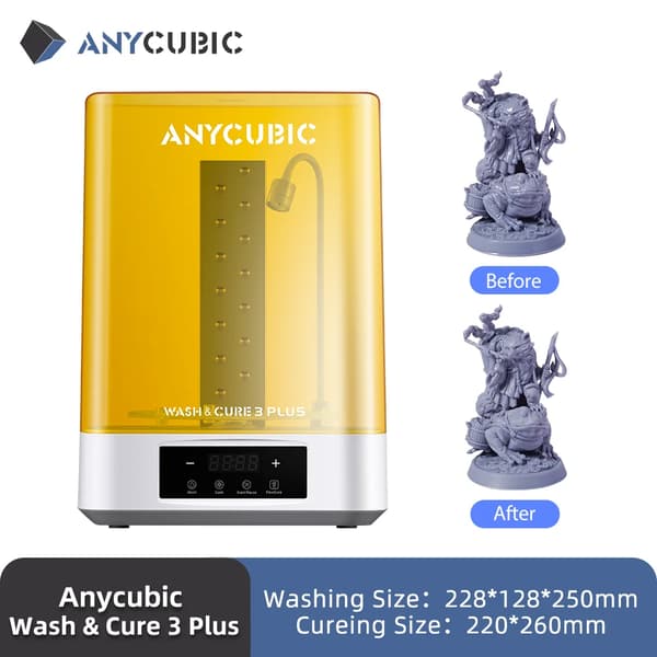 Anycubic Wash & Cure 3 Plus, Forbedret Vaskekapacitet, Flexicure Gooseneck Lys,Vask-Cure 3 Plus